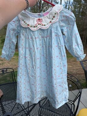 Embroidered Peter Pan Collar Baby Dress - Light Blue with Pink Bows